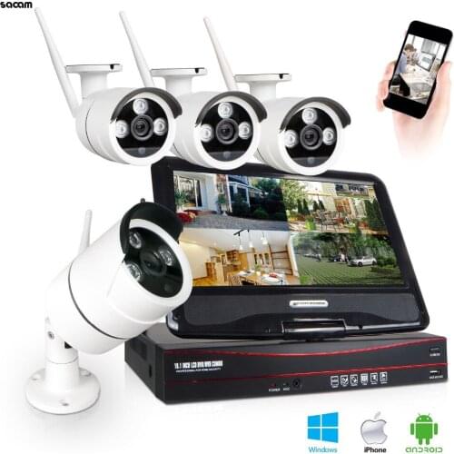4CH 960P HD WiFi Security CCTV Camera System Wireless Network Surveillance NVR Kit Outdoor CCTV Camera Set with Monitor 10.1"