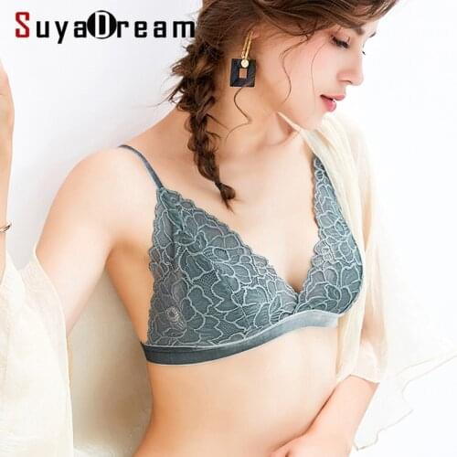 SuyaDream Women Triangle Cups Bras 100%Silk Lining Wire Free Thin Padding Sexy Lace Bra 2019 New