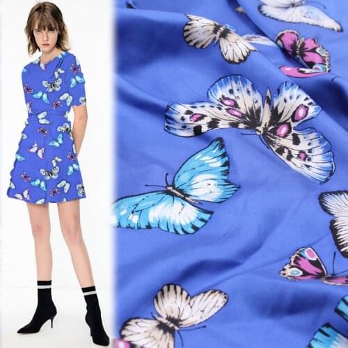 Butterfly on blue background pure silk fabric 100% silk twill fabric animal design,STW133