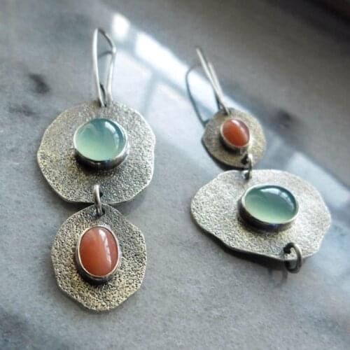 Vintage Pendientes Green Orange Stone Dangle Earrings Boho Jewelry Antique Silver Color Asymmetric Handmade Earring Femme
