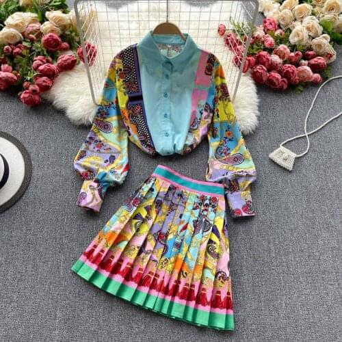 High QualityBohemian Exotic Print Lapel Bubble Sleeve Shirt Girl High-waisted Slim Figure Thin Skirt Suit Girl