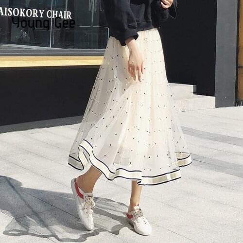 Young Gee Polka Dot Mesh Skirt Women Black White Pink Fashion Mid-calf Skirts Summer Elegant Pleated Lace Skirt saia midi faldas