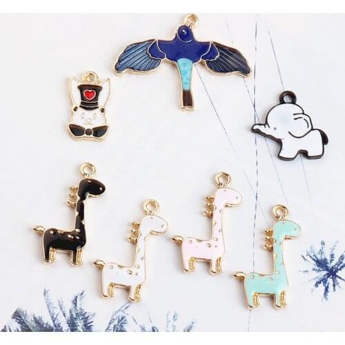 10pcs Cute Giraffe Enamel Charms Gold-Colour Metal Animals Elephant Pendants Fit Earrings Bracelet DIY Jewelry Accessory FX476