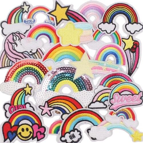 New 25Pcs Kid Embroidered Patch Rainbow Sew On/Iron On Patch Applique Clothes Jeans Sewing Flowers Applique DIY Accessory