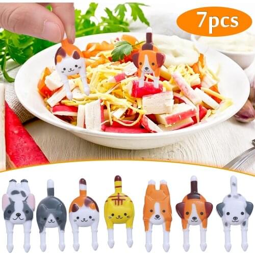 7PCS Cartoon Animals Fruit Fork Cute Cat Animal Farm Fruit Fork Picks Set Food Snack Cake Toothpicks For Home Party Decor