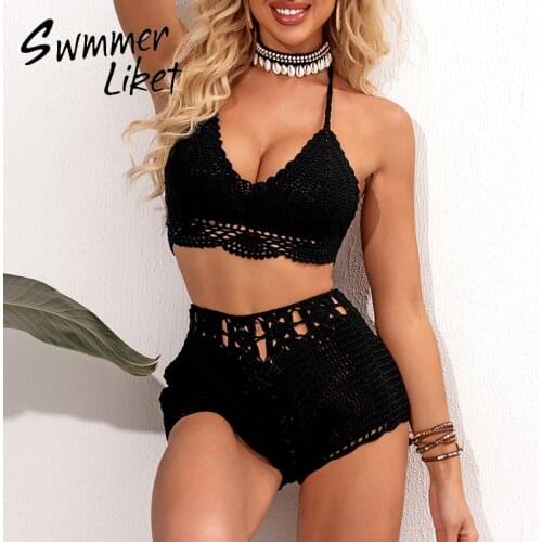 High waist bikinis 2020 mujer Crochet bikini Hollow out swimsuit women Halter swimwear female Short pants bottom bathing suit