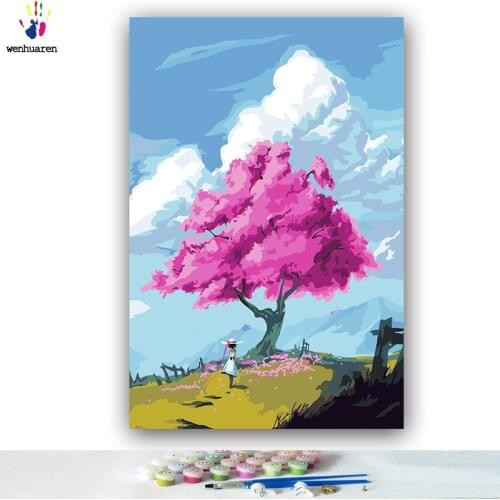 DIY colorings pictures by numbers with colors Pink cherry blossom girl picture drawing painting by numbers framed Home