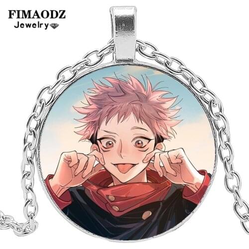 FIMAODZ Cool Jujutsu Kaisen Cosplay Anime Necklace for Men Women Glass Round Long Chain Statement Jewelry Fans Souvenirs