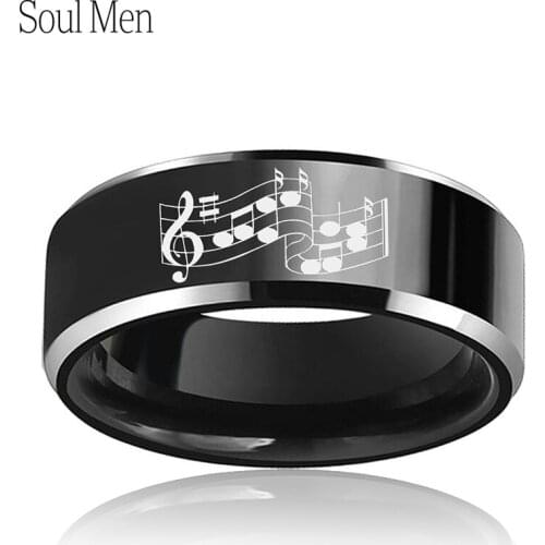 8mm Black Classic Ring for Men Women Comfort Fit Tungsten Wedding Band Music Notes Engraved Personal Jewelry Size 6 to 13