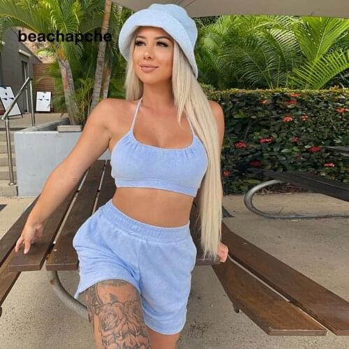 Beachapche Casual Women Two Piece Sets Fashion Skinny Active Wear Tracksuit Backless Halter Crop Top And Shorts Matching Set Spo