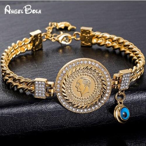 Trendy Turkey Gold Jewelry Coin Women Charm Bracelet Fashion Middle East Muslim Luxury Demon Eye Unisex Bracelet Gift Wholesale