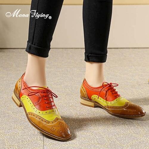 Mona Flying Women Leather Mixed Colors Perforated Lace Up Oxfords Brogues Wingtips Saddle Shoes for Work Ladis 2020 New FLX19-1