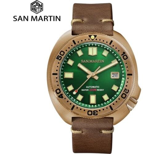 San Martin Mens Mechanical Wristwatches CUSN8 Solid Bronze Calendar Watches 120Clicks SLN C3 Luminous Sapphire Diver Watch