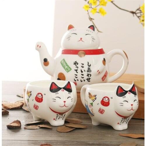 Tea Set Cute Japanese Lucky Cat Porcelain Ceramic Tea Cup Pot with Strainer Drinkware