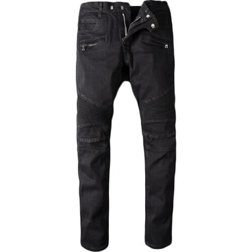 New mens male trousers European American street jeans trendy black stretch slim-fit fold wrinkle motorcycle denim pants 964