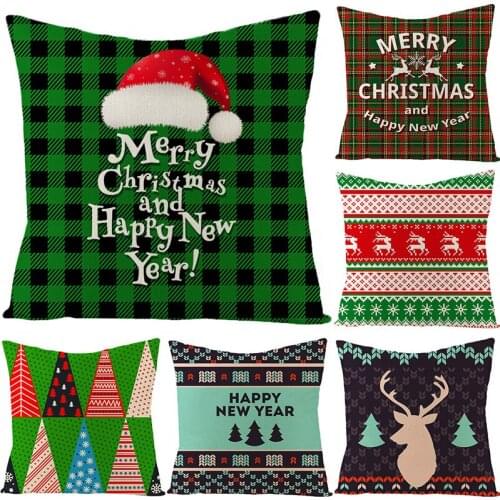 Single-sided Printing Linen Square Pillowcase Couch Sofa Green Cushion Cover Deer Santa Claus Christmas Decorations for Home Car