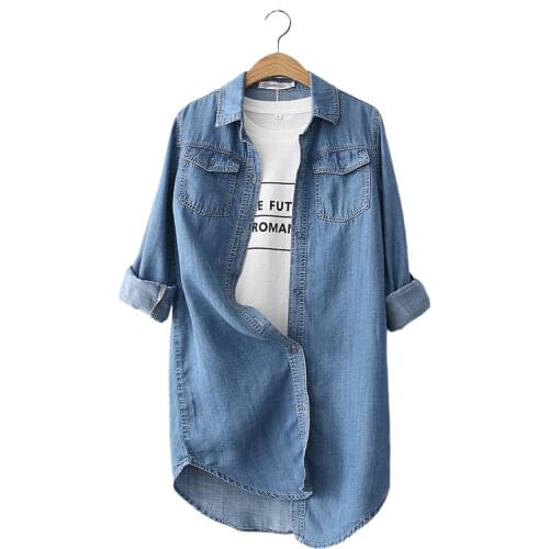 Autumn 2020 New Denim Women Shirts Loose Long Solid Jean All Match Casual Lady Elegant Blouse Outwear Coat Tops