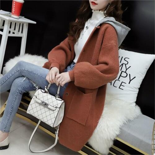 Autumn winter long section hooded Sweater coat female 2020 new women Korean Single-breasted loose large size knit cardigan coat
