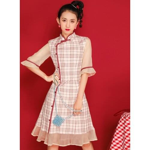 Adult Retro Improved Girls Daily Cheongsam Dress Chinese Modern Cheongsam Lattice Slim Short Qipao Ruffle Mesh Stitching Dress