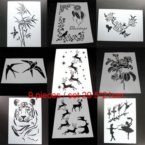 9pcs Christmas Deer Painting Template Stencil Bullet Journal Scrapbook Coloring Embossing Album Decor Office School Supplies