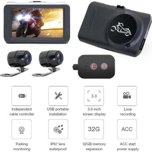 Universal Motorcycle 3.0in HD Driving Recorder Front/Rear Camera Optional Waterproof Dual Lens Dashcam Microphone USB 2.0