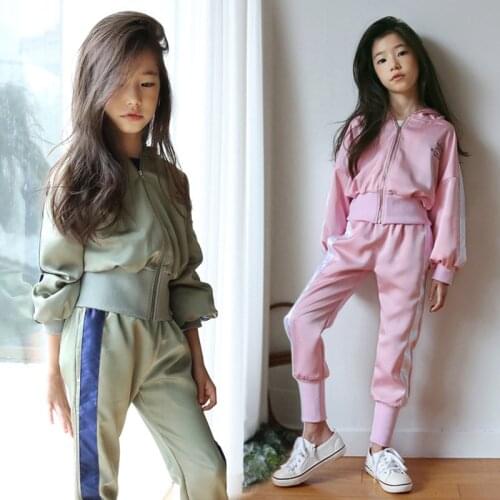 Korea style Fashion striped satin Kids girls suit 8 10 years long sleeve zipper pink spring autumn girls clothing
