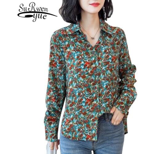 Vintage Long Sleeve Print Shirt Office Lady Blouse Korean Fashion Clothing Fashion Turn-down Collar Tops Women 8151 50