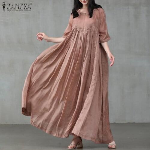 ZANZEA 2021 Vintage Summer Maxi Dress Womens Pleated Sundress Half Sleeve Long Vestidos Female Casual O Neck Robe Oversized