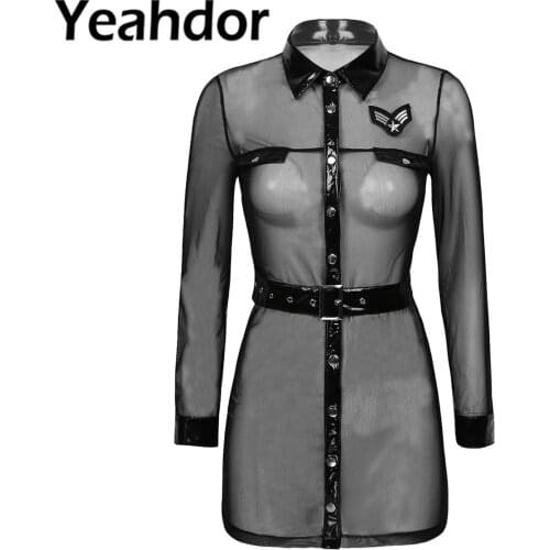 Women See-through Mesh Police Shirt Dresses Role Play Costume Sexy Outfit Patent Leather Long Sleeve Mini Dress Blouse with Belt