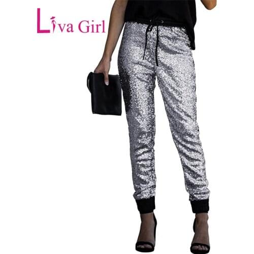 LIVA GIRL Gray Glitter Sequin Pencil Pants Women Joggers with Pockets High Waist Sparkling Sequin Trousers Female Dance Bottoms
