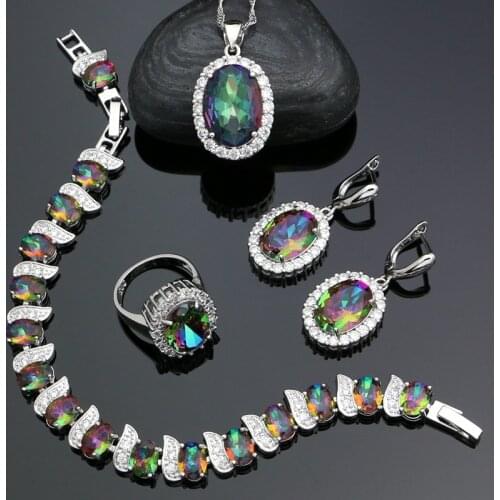 Women Wedding Oval Mystic Rainbow Fire Zircon 925 Sterling Silver Jewelry Set Pendant/Necklace/Ring/Earrings/Bracelet Free Box
