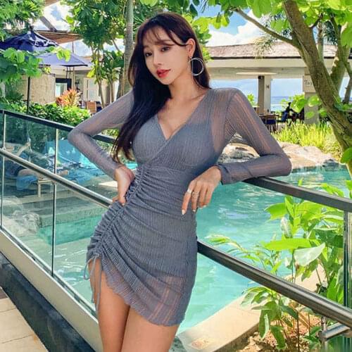 2020 New Long Sleeve One Piece Swimsuit Women Solid Swimwear Lace Push Up Swim Suit Skirt Pleated Pad Bathing Suit Blue