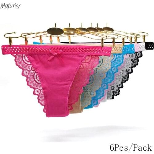 Mafurier 2019 New Womens Sexy Underwear String Panties Low Waist Women Sexy Lace Cotton Brief Thong Lingerie For Women 6Pc/lot