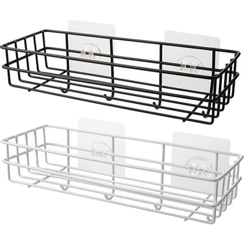1pc Kitchen Bathroom Shower Wall Mount Shelf with Hooks Shampoo Caddy Basket Holder Rustproof Sturdy