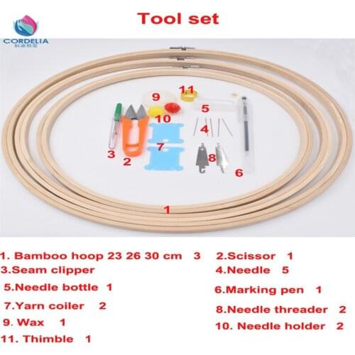 2016 china latest product high quality 23 26 30 cm circular embroidery hoops as cross stitch accessories with DIY tool set yarn