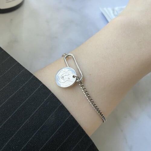 925 Sterling Silver Bracelet Retro Round Brand Portrait Pendant Thai Silver Bracelet Wild Hip-hop Punk Style Couple Bracelet