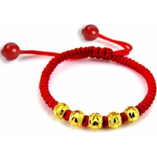 Pure 999 24k Yellow Gold Best Gift Lucky Bead Red Knitted Chain Bracelet 0.09g*5