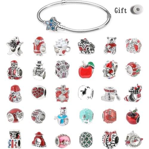 Buipoey 1pcs Red Christmas Style Beaded Charm Fit Original Socks Gift Shape Beads Bracelet Necklace Kids Shiny Jewelry Accessory