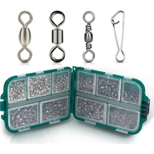 DNDYUJU 880PCS Mixed Size Fishing Barrel Bearing Rolling Swivel Hooked Snap Crane Swive Solid Ring Connector Tackle