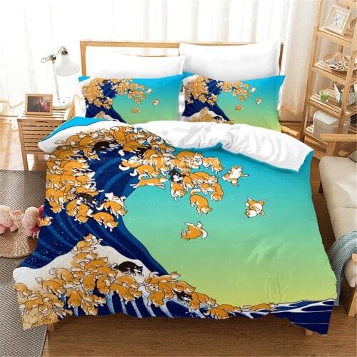 Home Textile Ukiyo-e Sea Animals Cat and Dog Cartoon Duvet Bed Cover Pillowcase Bedding Set Adult Children Bedroom Decoration