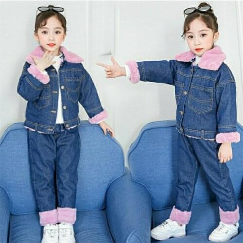 Winter Teens Kids Girls Jackets Jeans Denim Warm 2pcs Suit Sets 4 6 8 10 12 Years Children Girls Clothes Autumn Coats Joggers