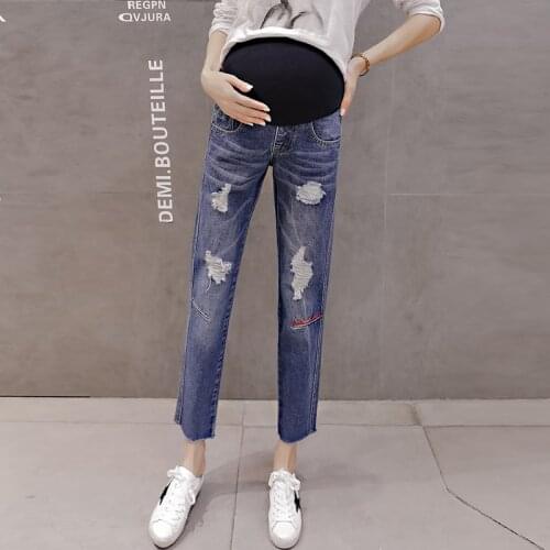 Pregnant women jeans pregnant women autumn and winter fashion embroidered jeans hole stomach lift pregnant women pants