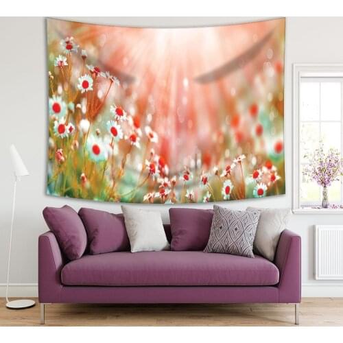 Tapestry Flowers Daisies Field in Sun Light Summer Garden Nature Meadow Wild Blooms Photo Red Pink White Green