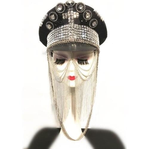 Stage Rhinestones Metal Chain Army Cap Rivet Military Hats Women Singer Dancer Performance Accessories Gold Silver