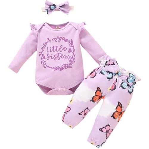 Infant Girl Outfit Long Sleeve Butterfly Pattern Print Letter summer Baby Girl Clothes Newborn 3-Piece Clothing Purple Cute 2021