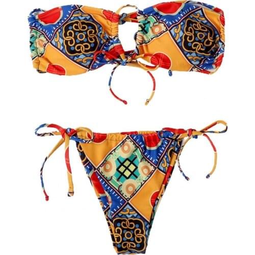 Swimsuit Geometric Print Breathable Polyester Women Mini Thong Beachwear for Beach