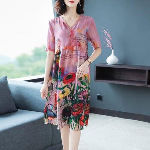 Summer Dress 2019 New Imitate Real Silk Dresses Plus Size Women Print A-Line Dress Lady Casual Beach Costume M-4XL