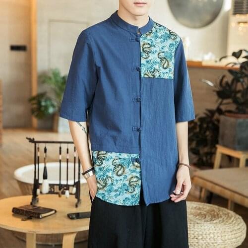 Chinese Style Button Linen T-Shirt MenS Summer Kung Fu Tang Suit Shirt Loose Patchwork T-Shirt Japanese Kimono Men New KK3605