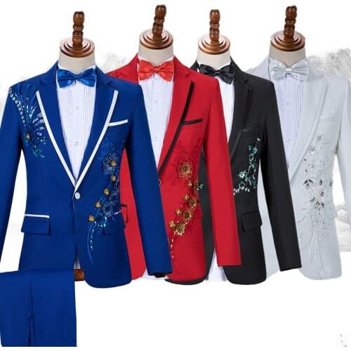 Newest Men Formal Suit 3 Set Fashion Black Blue Paillette Embroidered Male Singer Costume Party Prom Sequins Peacock Suit VDB857