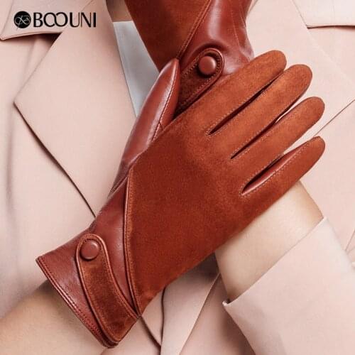 BOOUNI Genuine Leather Gloves Fashion Women Suede Sheepskin Glove Thermal Winter Velvet Lining Driving Gloves NW563